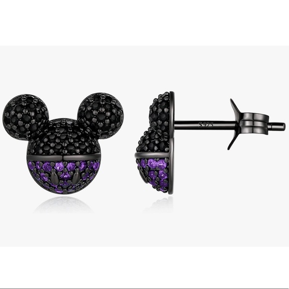NWT Disney Mickey Mouse Stud Earrings CZ with 925 Sterling Silver Black & Purple - Picture 2 of 4